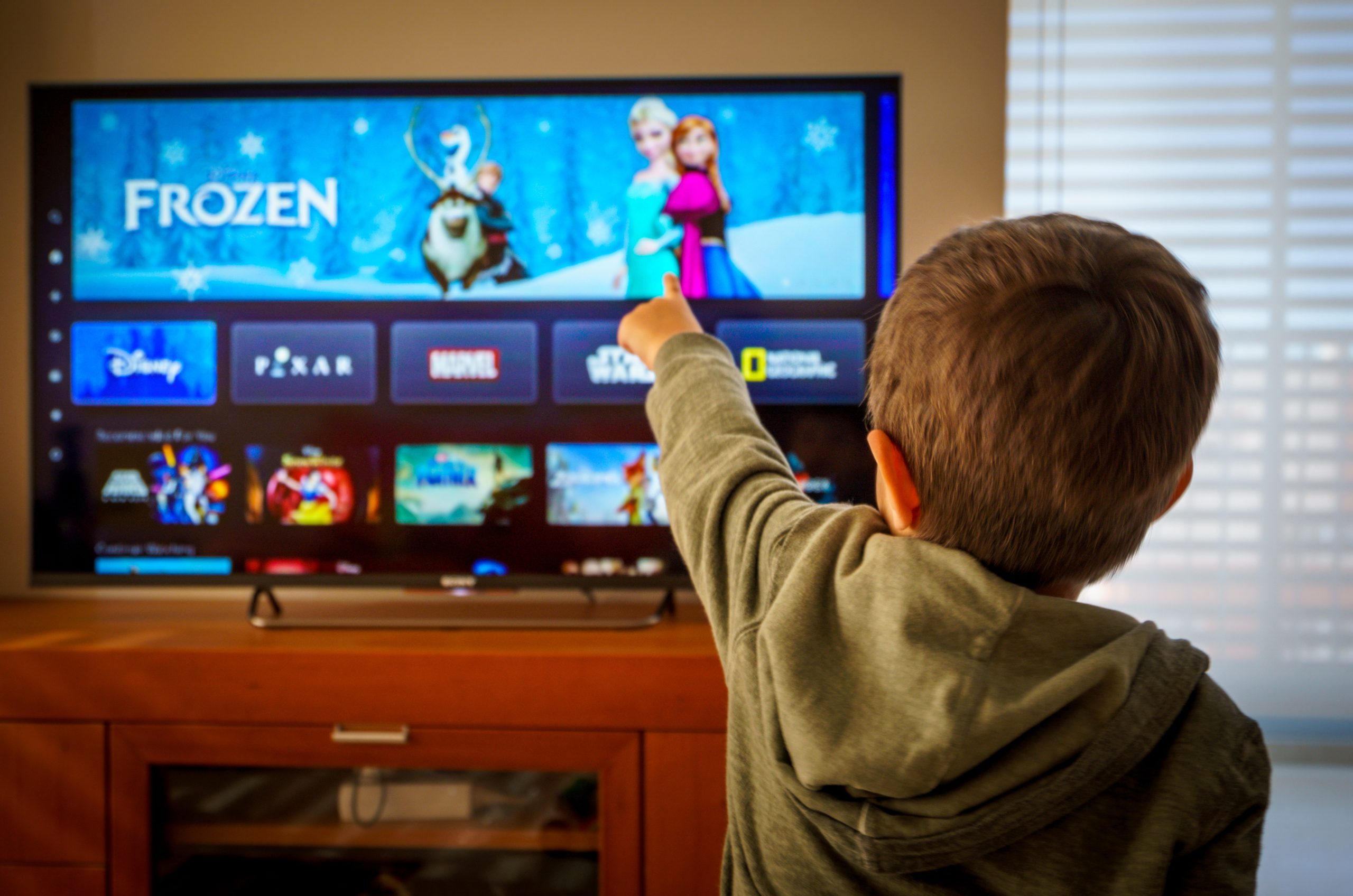 Barcelona, Spain. May 2019: Back view image of cute little boy watching the new Disney plus platform on TV
